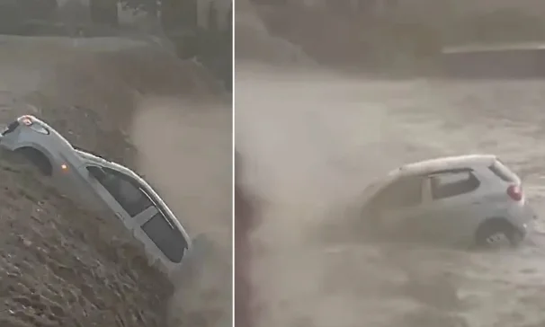 “लापरवाही ने पहुंचाया मौत के मुंह तक – नाले में बही कार”